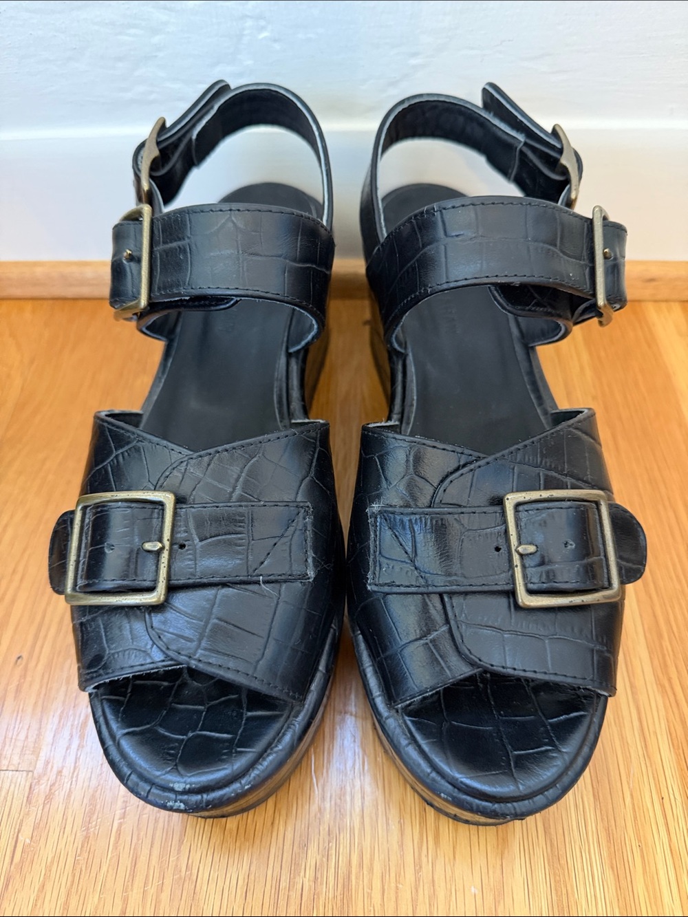 Black Croc-Embossed Platform Buckle Sandals
